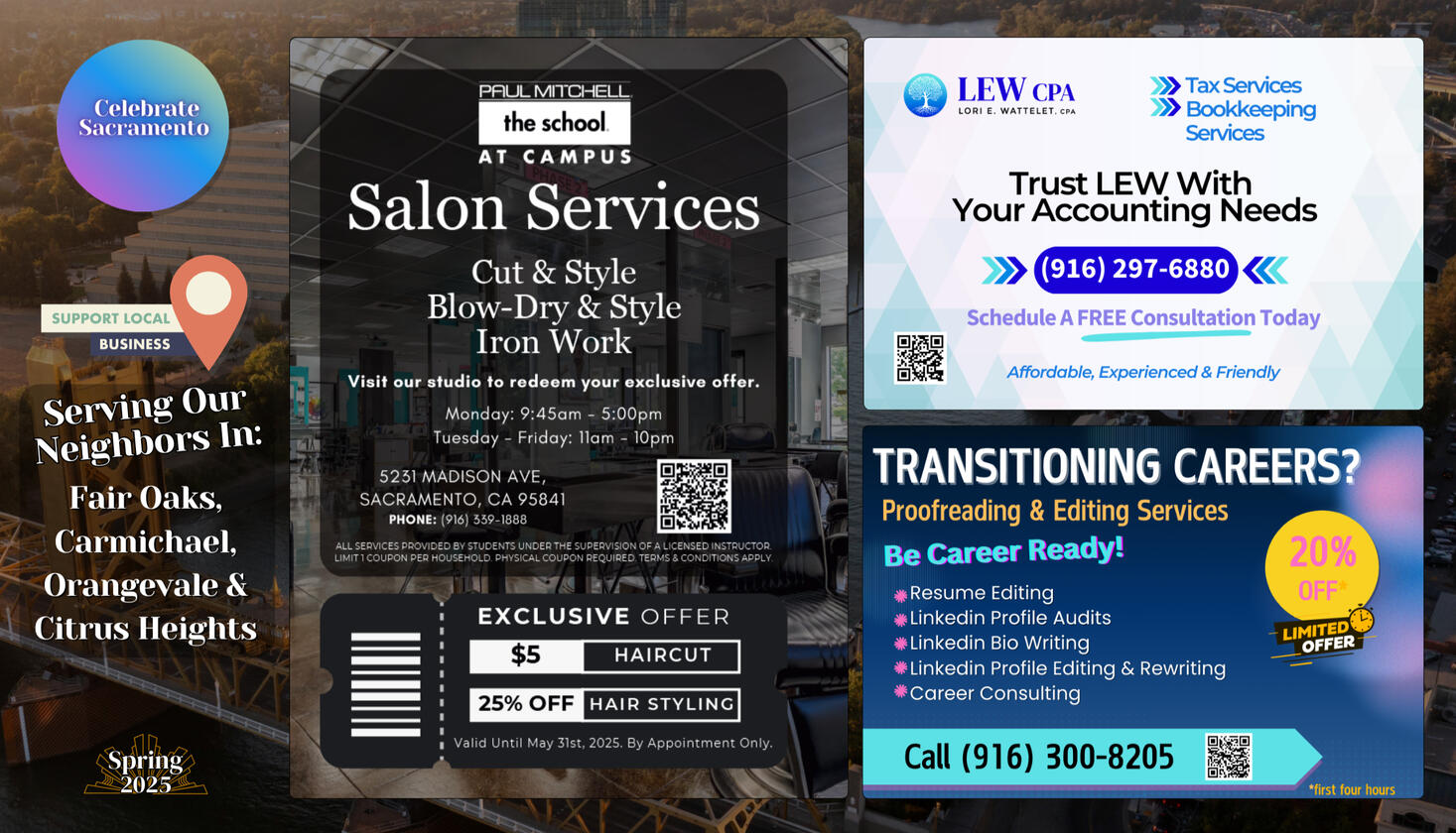 Featuring Paul Mitchell School at Campus, LEW CPA, and Proofreading and Editing in Sacramento